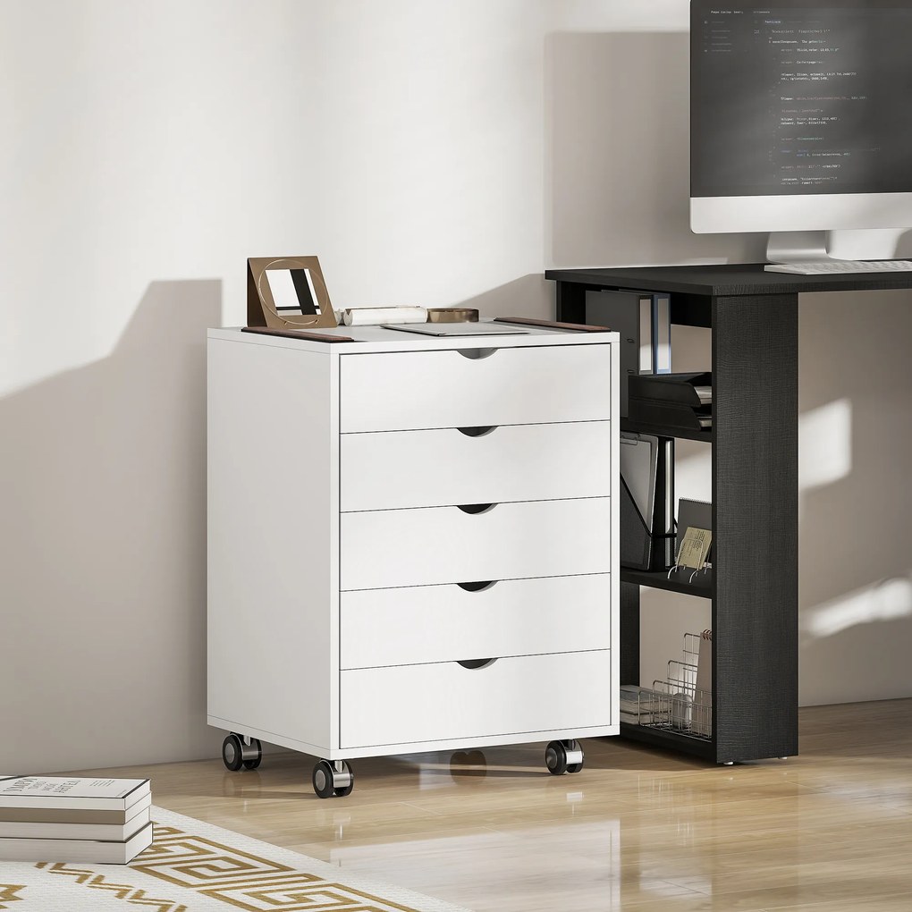HOMCOM Dulap pentru birou cu 5 sertare pentru documente A3, pe roți și cu încuietoare, 50x40x67.5 cm, alb | Aosom Romania