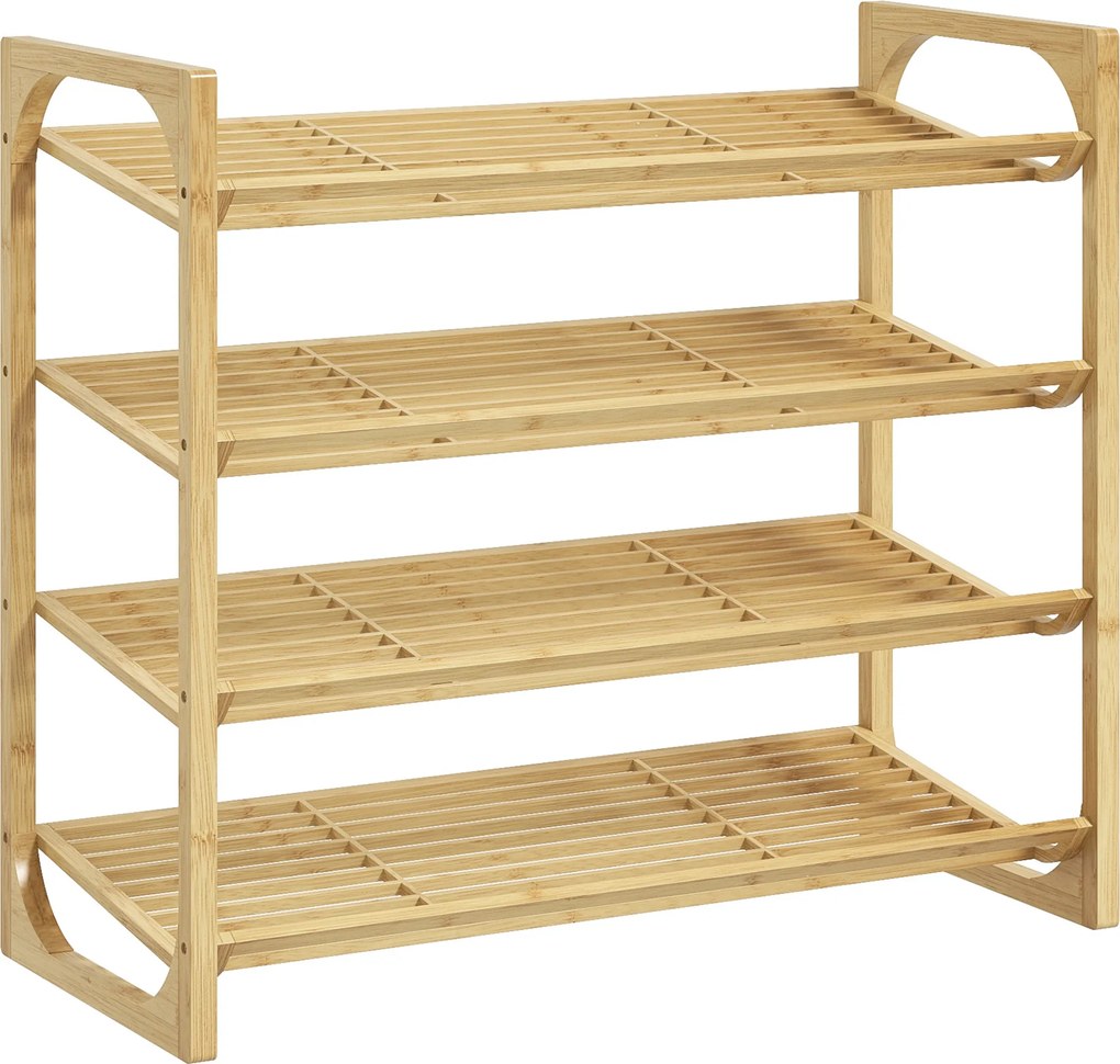 HOMCOM Etajeră pentru pantofi cu 4 niveluri, depozitare 12 perechi cu design cu lamele, bambus, 76x33x67cm, lemn natural | Aosom Romania