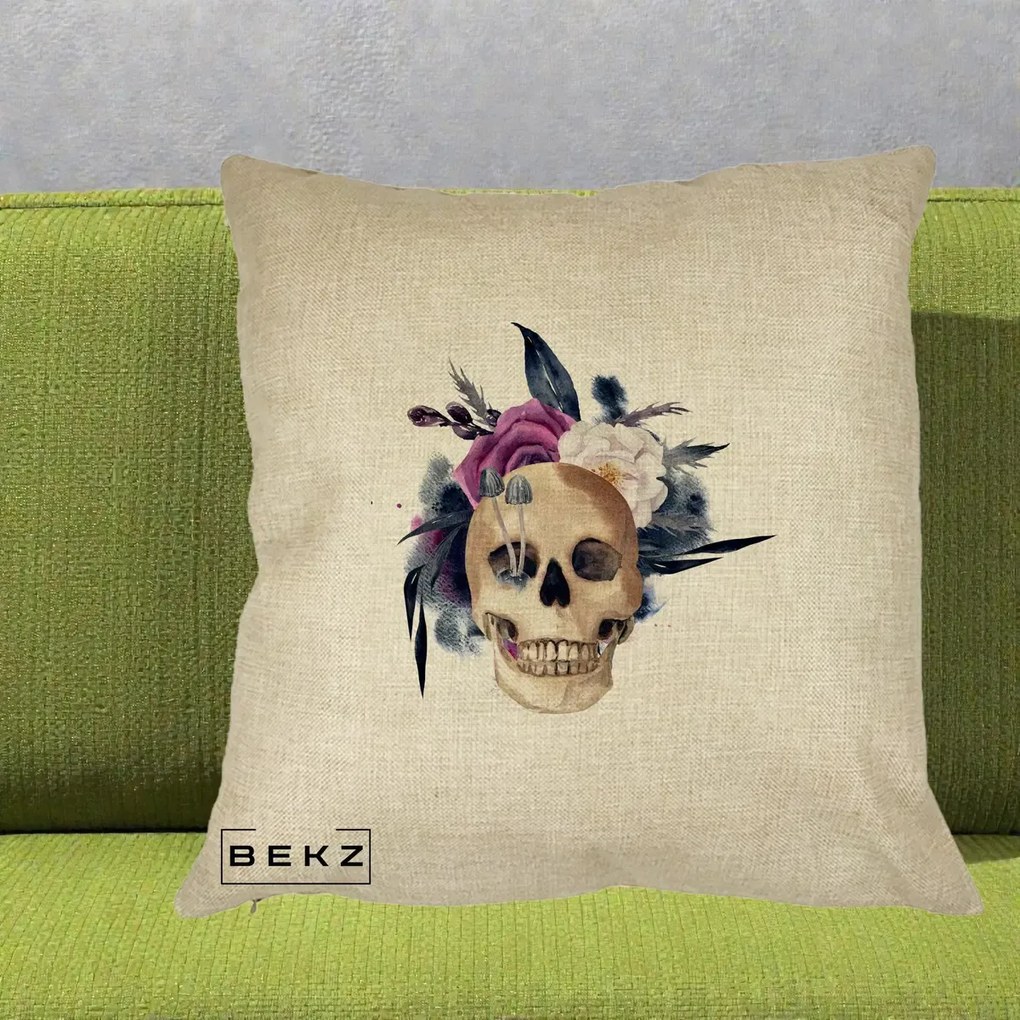Perna Decorativa Craniu Floral cu Trandafiri si Ciuperci, 40x40 cm, Crem, Husa Detasabila, Perna Inclusa, BEKZ®