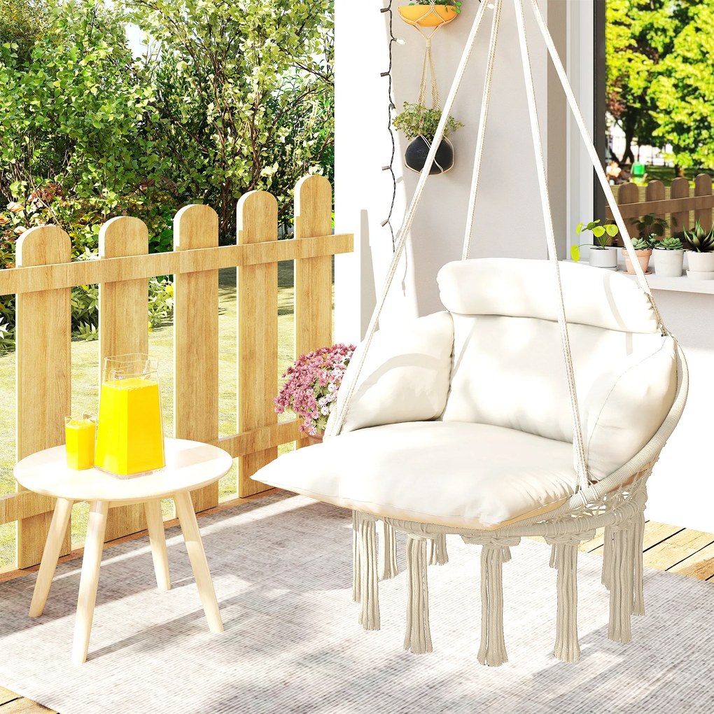 Outsunny Fotoliu Suspendat de Exterior în Stil Boho cu Franjuri, Pernă, Corzi și Inele, 80x60x40 cm, Crem | Aosom Romania