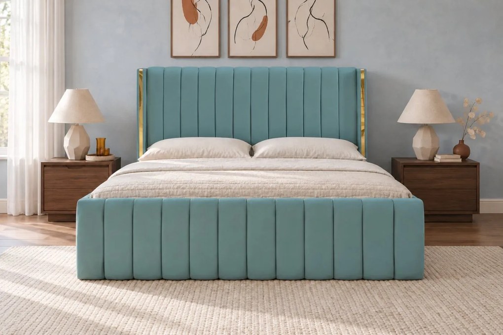 Pat tapițat din catifea Aurelia 200×200 cm, verde marin, detalii aurii, cu ladă de depozitare