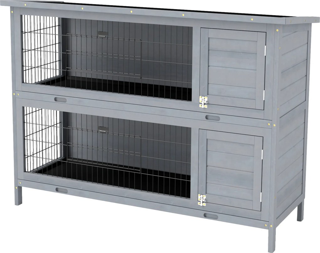 PawHut Cușcă pentru iepuri din lemn cu 2 etaje, acoperiș asfaltat, tavă de podea, uși pentru animale mici, 136,4 x 50 x 93 cm, Gri | Aosom Romania