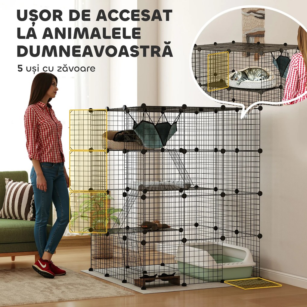 PawHut Căsuță pentru Pisici cu 4 Nivele, 3 Platforme de Sărit, Rampe, 5 Uși și Covoare Antiderapante, 105x105x140 cm, Negru | Aosom Romania