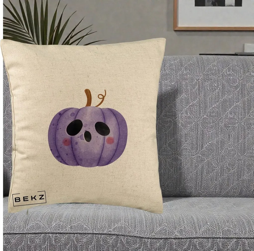 Perna Decorativa Dovleac Halloween Mov Kawaii, 40x40 cm, Bej, Husa Detasabila, Perna Inclusa, BEKZ®