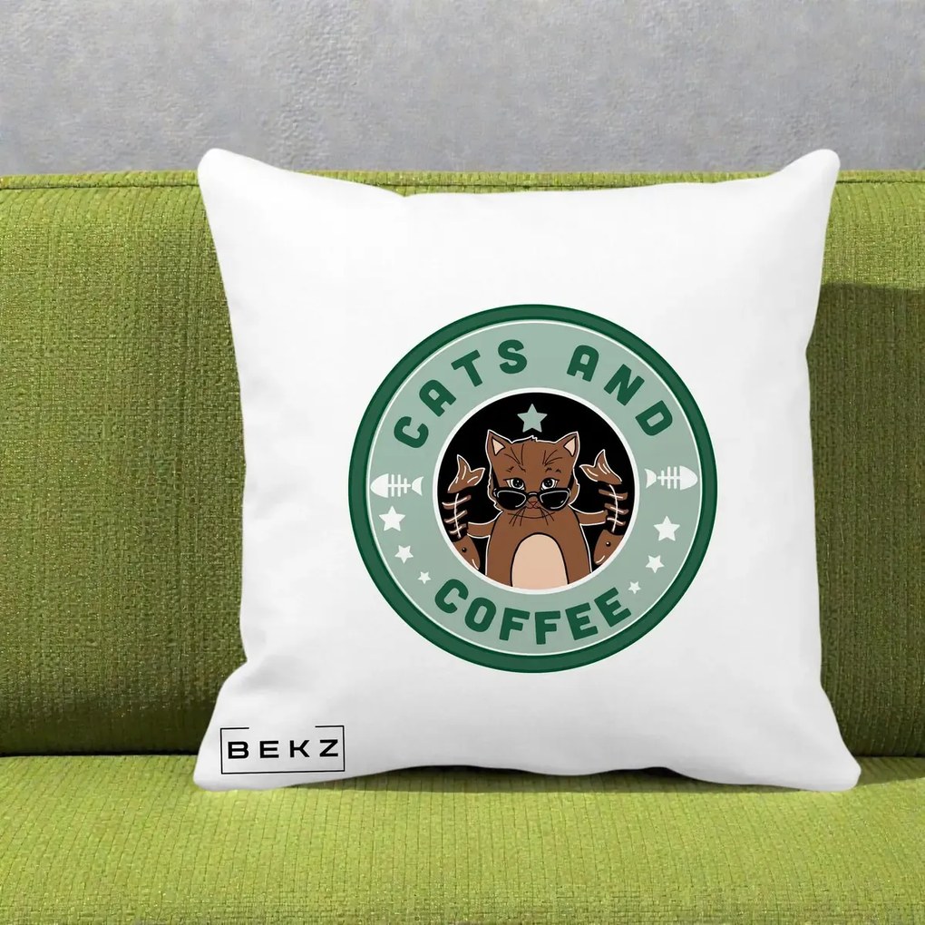Perna Personalizata Cats and Coffee Starbucks, 40x40 cm, Alba Mata, Husa Detasabila, Perna Inclusa, BEKZ®