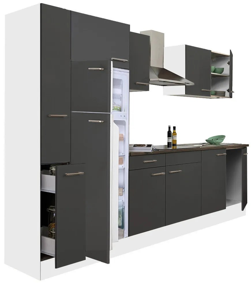 Mobilă de bucătărie Yorki 300, corp alb, față antracit satinat, frigider cu congelator superior
