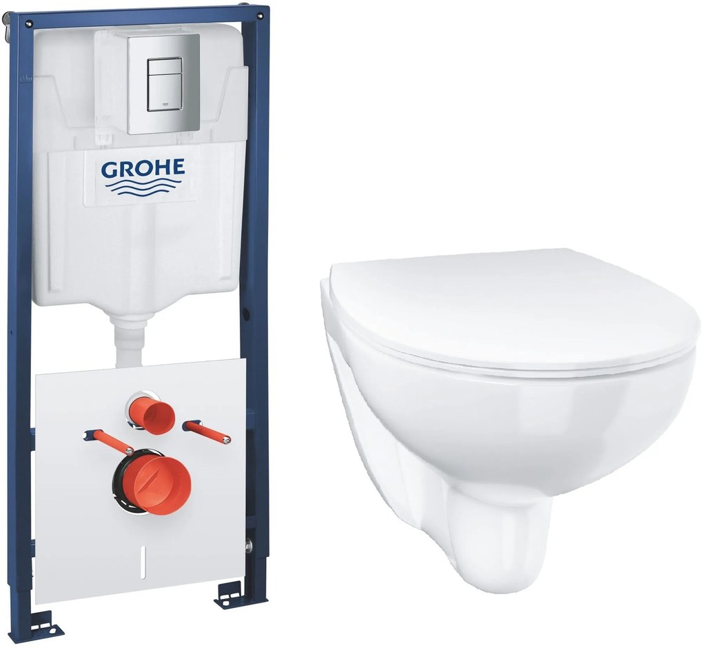 Set cadru încastrat cu buton și sigiliu Grohe Solido 39930000, vas WC cu capac soft-close Grohe Bau Ceramic 39899000