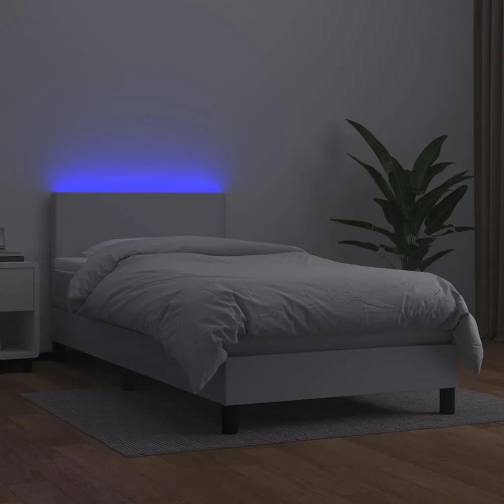 Pat continental cu saltea  LED, alb, 90x200 cm, piele eco Alb, 90 x 200 cm, Design simplu