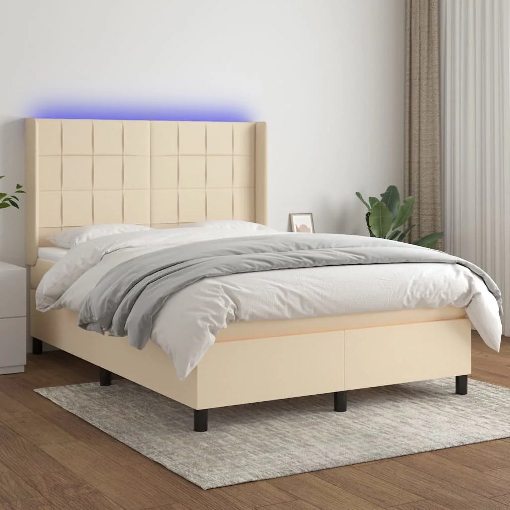 vidaXL Pat cu arcuri, saltea și LED, crem, 140x190 cm, textil