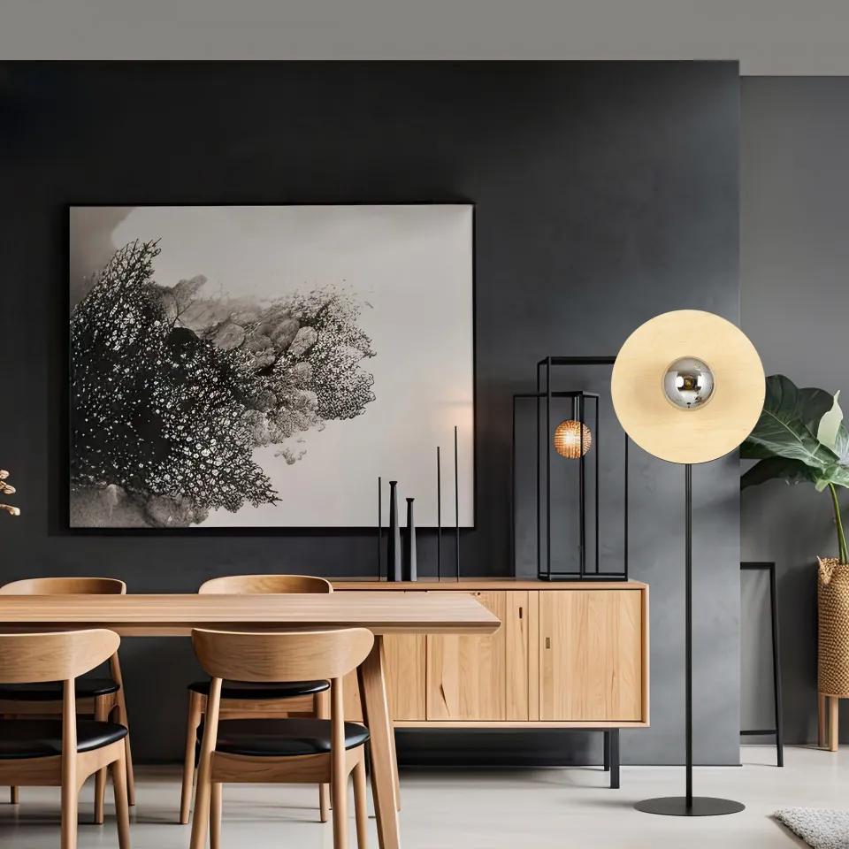 Lampadar modern negru cu abajur lemn si glob grafit Soho