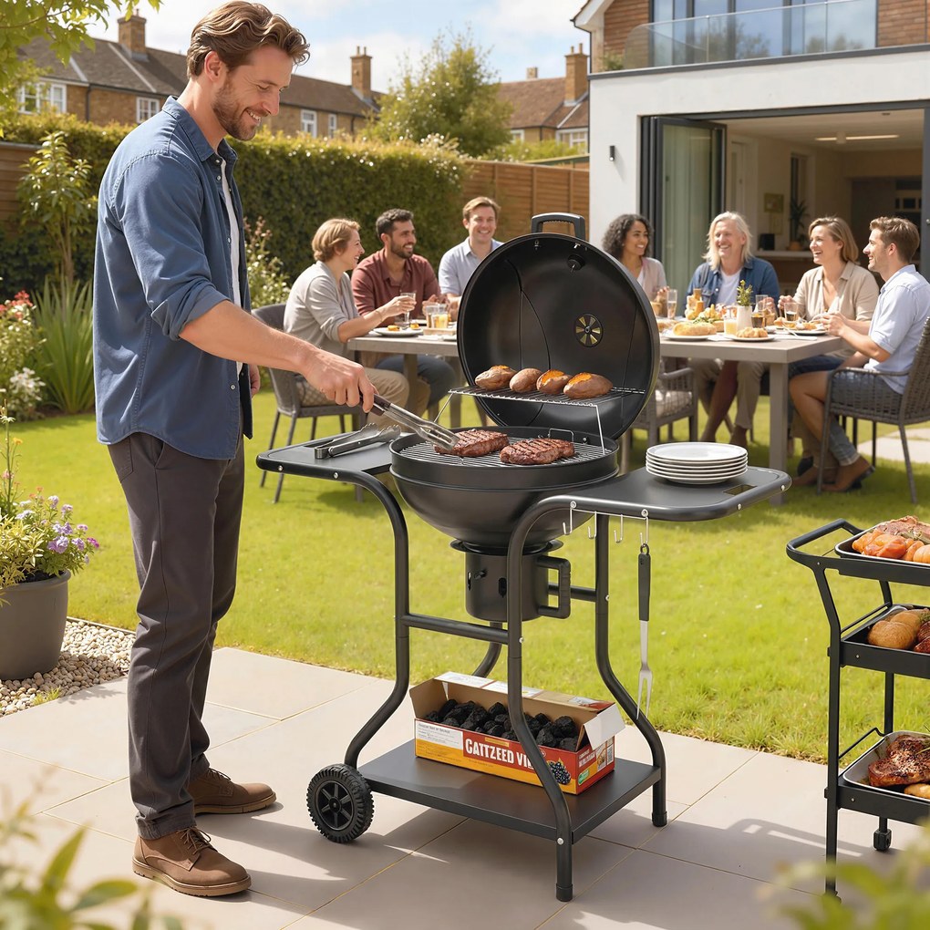 Outsunny Grătar pe cărbuni BBQ Smoker cu mese laterale, termometru în capac, roți 129 x 63,5 x 106,5 cm | Aosom Romania