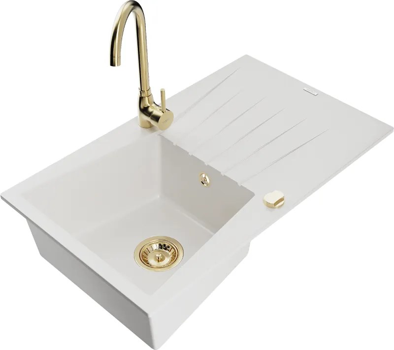 Mexen Cesar chiuvetă de granit cu 1 compartiment, cu scurgător și baterie de bucătărie Telma, alb - 6514-20-670200-50