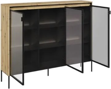 Vitrina 3 usi, sticla fumurie, LED, stejar, Moody