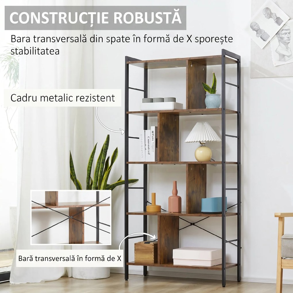 HOMCOM Bibliotecă cu 5 Rafturi, Compartimente Deschise, 77 x 30 x 157,5 cm, Maro Rustic și Negru | Aosom Romania