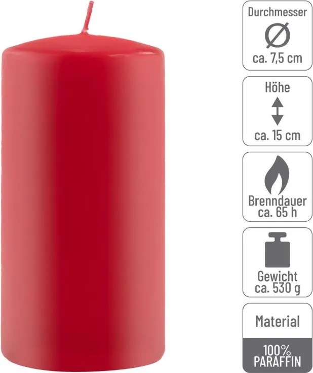 Set de lumânări pilon, 15 cm, Ø 7,5 cm, roșu, 6 bucăți