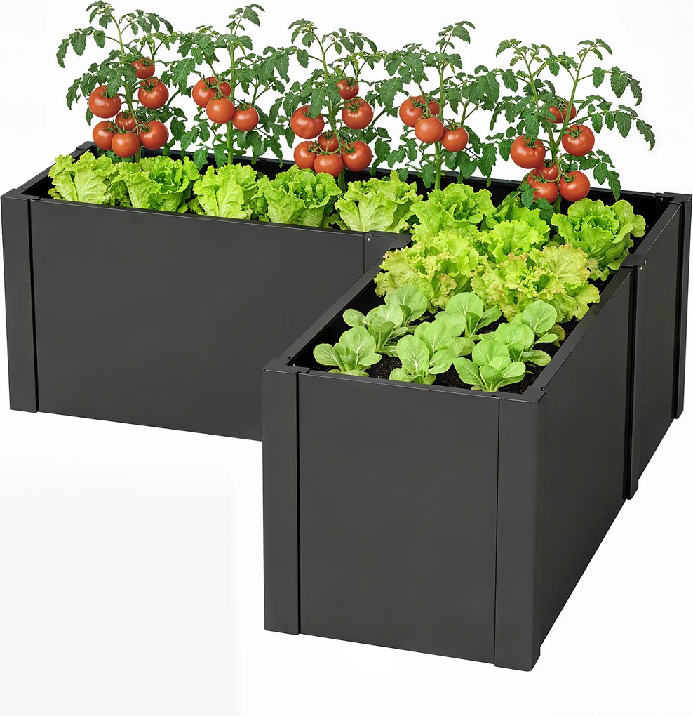 Outsunny Pat înălțat în formă de L pentru flori, rezistent la intemperii, pat de plantare/seră timpurie din oțel zincat 150 x 150 x 55 cm Negru | Aosom Romania