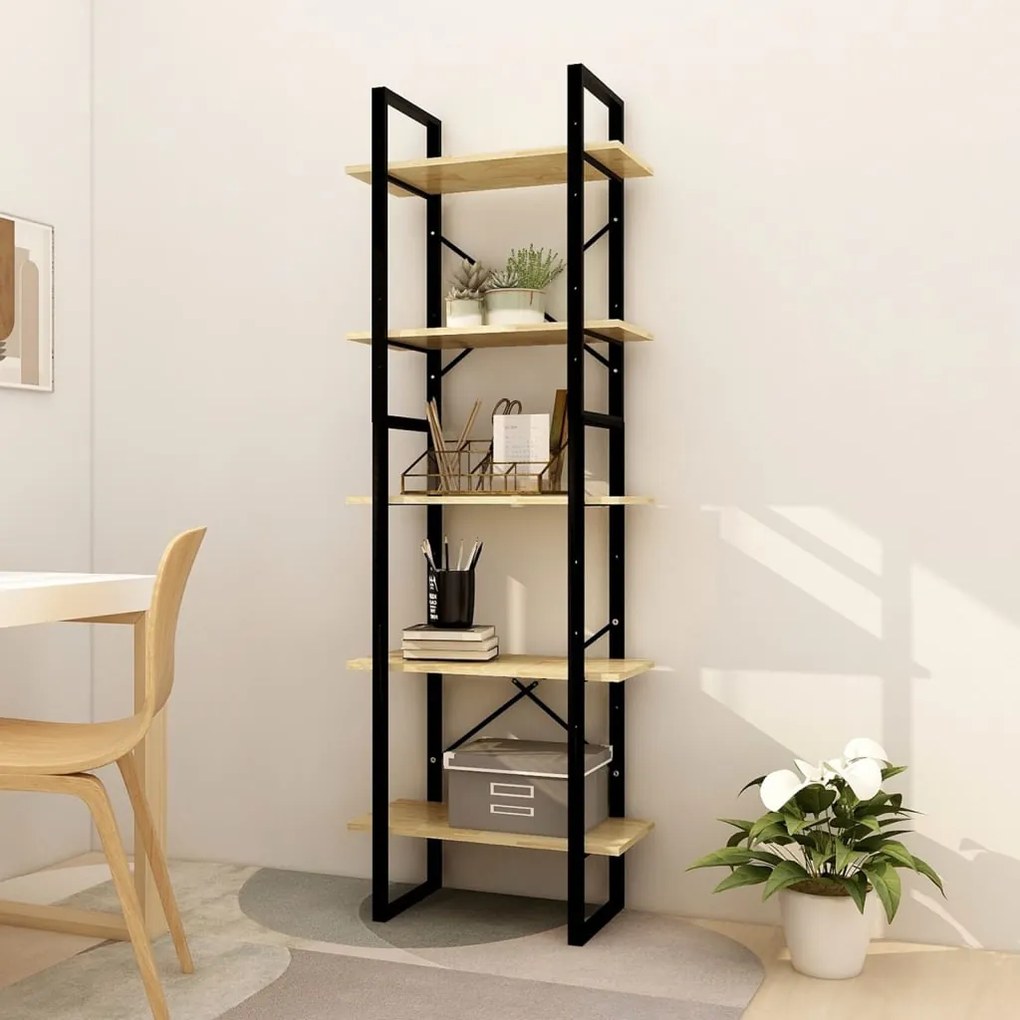 Biblioteca cu 5 rafturi, 60x30x175 cm, lemn de pin 1, black and light brown, 60 x 30 x 175 cm