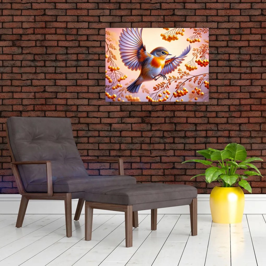 Tablou pe sticlă - Pasăre cu scoruș (70x50 cm)