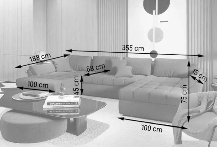 Colțar extensibil dumonde cu ladă de depozitare si sezut confortabil din spuma high-density, Loana U Enjoy Silver 355x185 cm