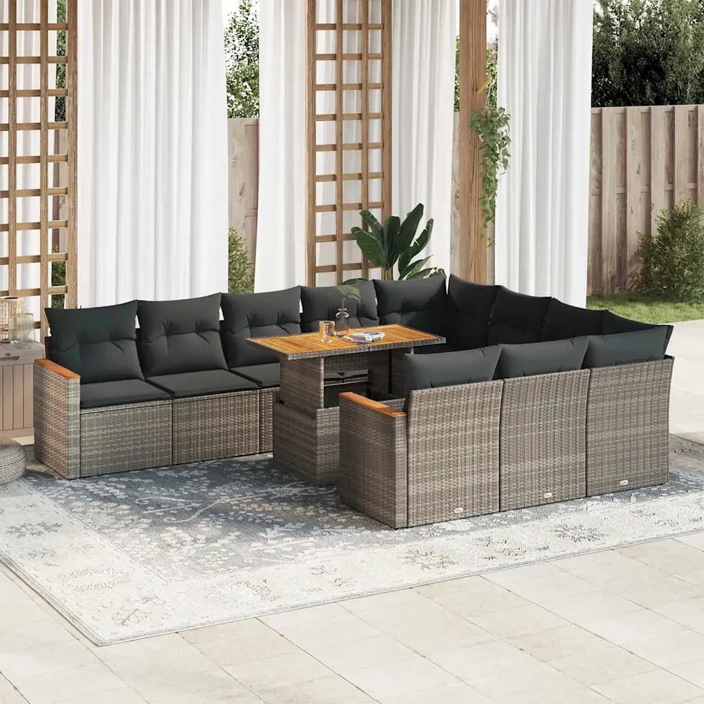 vidaXL Set canapele grădină perne 11 piese, gri, poliratan/lemn acacia