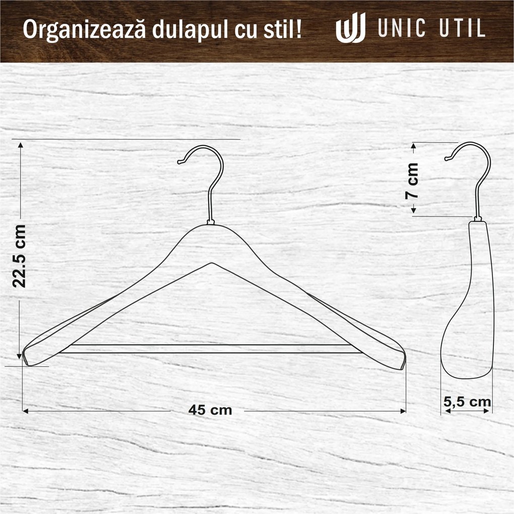 Umeraș Antialunecare din Lemn cu Carlig Metalic si Bara pentru Pantaloni, Bold Guard, UnicUtil, 45 x 5.5 x 22.5 cm, Alb, UUUM62