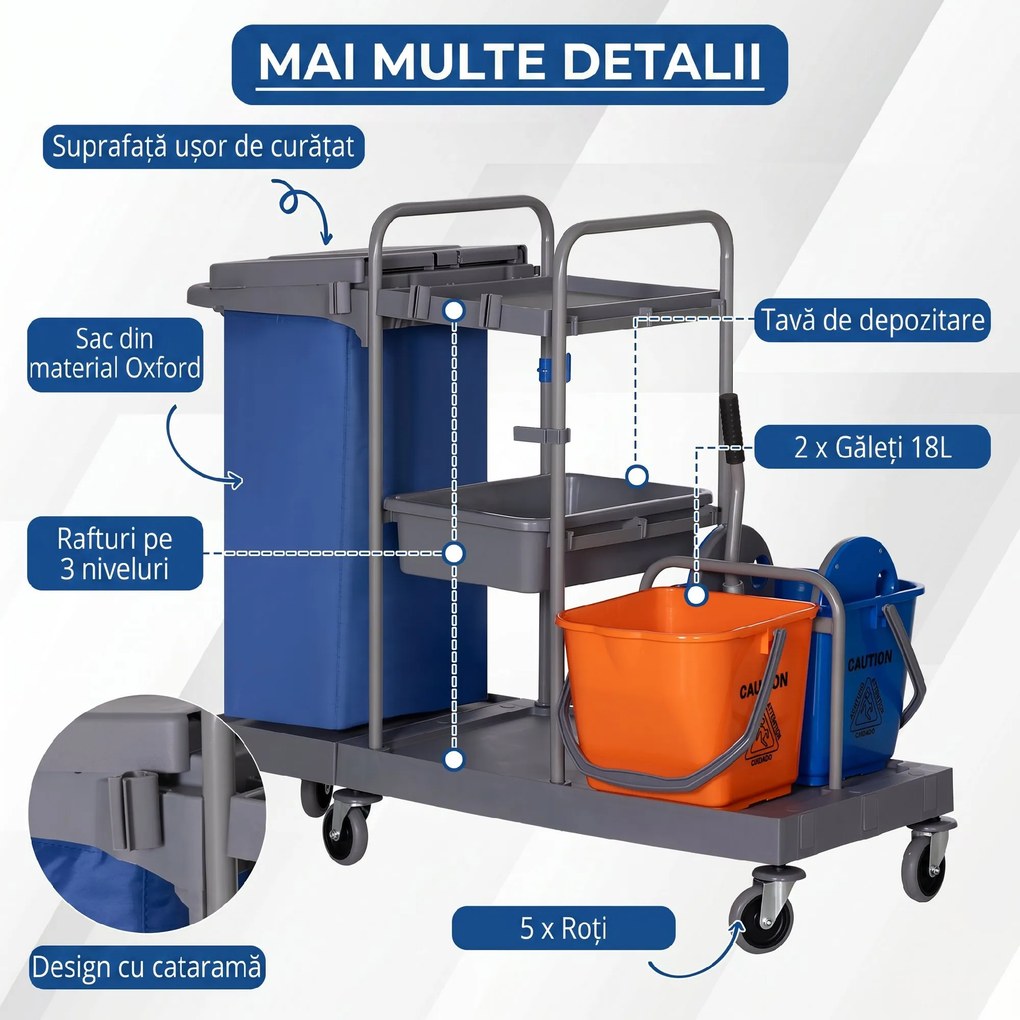 HOMCOM Cărucior Profesional de Curățenie cu 3 Rafturi, Sac pentru Gunoi și Găleată, 111x63,3x103 cm, Gri | Aosom Romania