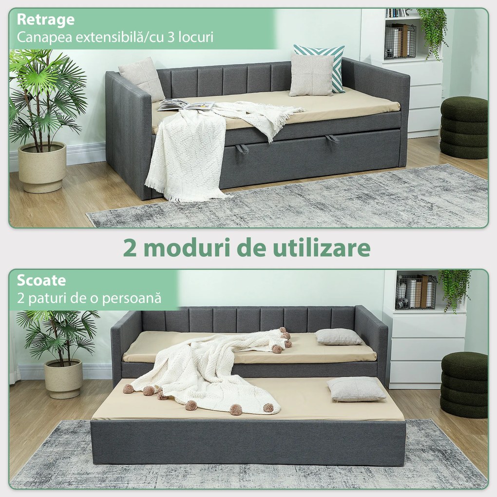 HOMCOM Cadru Pat Simplu 90x190 cm, Canapea cu Al Doilea Pat Extensibil, Tetieră Căptușită, Cotiere, Lamele din Lemn de Plop, pentru Cameră Living Oaspeți, Fără Saltea, Gri Închis | Aosom Romania