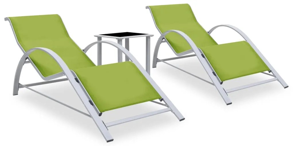 310540 vidaXL Șezlonguri de plajă cu masă, 2 buc., verde, aluminiu