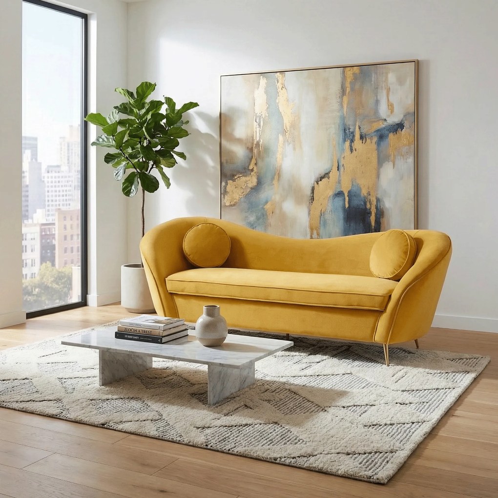 Canapea cu 3 locuri de design, ţesătură Velvet galbenă/gold crom auriu, EZIO TYP 3