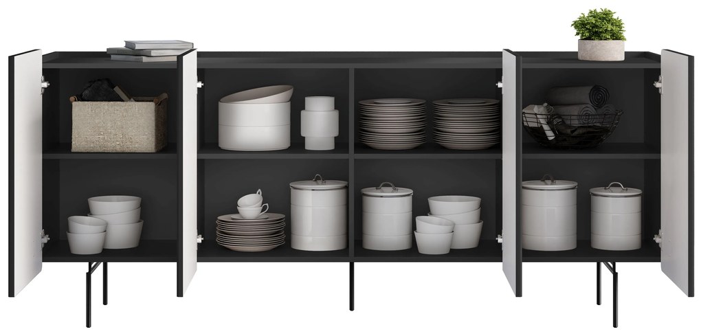 Comodă cu patru uși Malmi 200 cm - negru mat / picioare negre