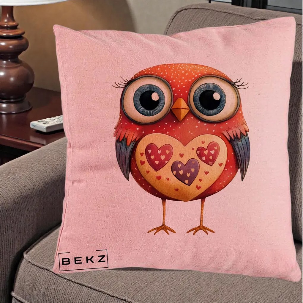Perna Decorativa Bufnita Rosie cu Inimi Aurii, 40x40 cm, Roz, Husa Detasabila, Perna Inclusa, BEKZ®