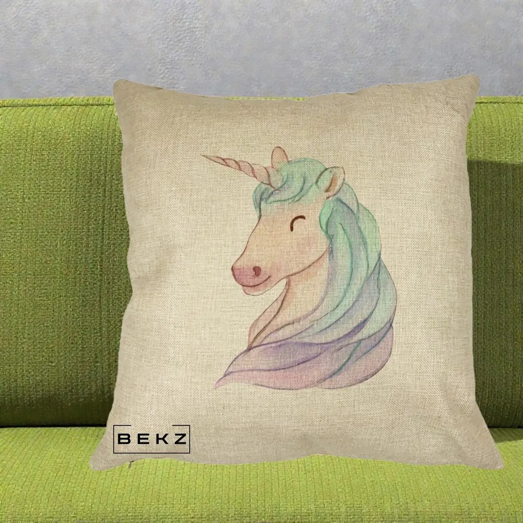 Perna Decorativa Unicorn Acuarela Pastel, 40x40 cm, Crem, Husa Detasabila, Perna Inclusa, BEKZ®