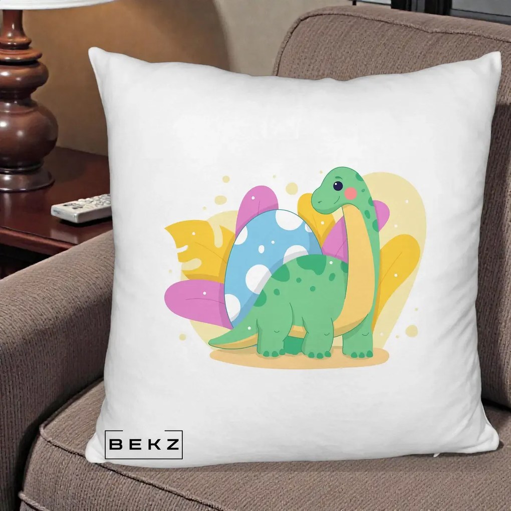 Perna Personalizata Dinozaur cu Ou Pastelat, 40x40 cm, Alb Pufos, Husa Detasabila, Perna Inclusa, BEKZ®