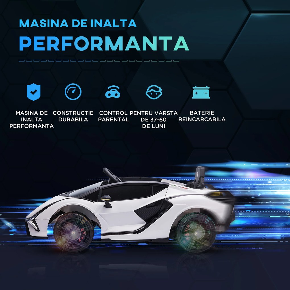 HOMCOM Mașină Electrică pentru Copii 3-5ani, Mașinuță Electrică Lamborghini cu Faruri, Muzică și Telecomandă, 108x62x40cm, Alb | Aosom Romania