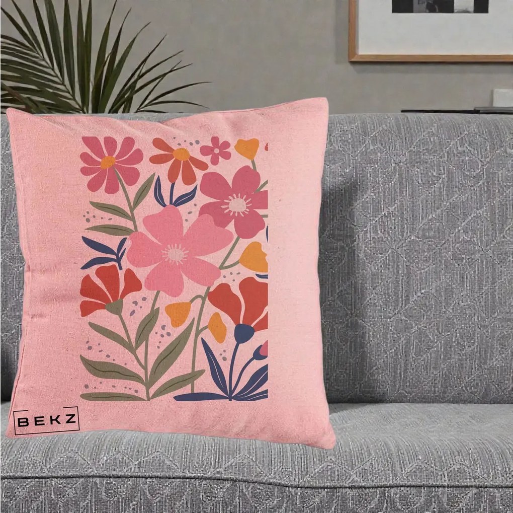 Perna Decorativa Flori Grafice Roz si Terracotta, 40x40 cm, Roz, Husa Detasabila, Perna Inclusa, BEKZ®