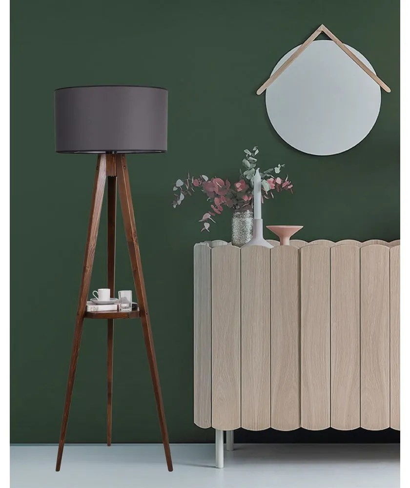 Lampadar negru/maro cu raft cu abajur textil (înălțime 154 cm) Sehbali Tripod – Opviq lights