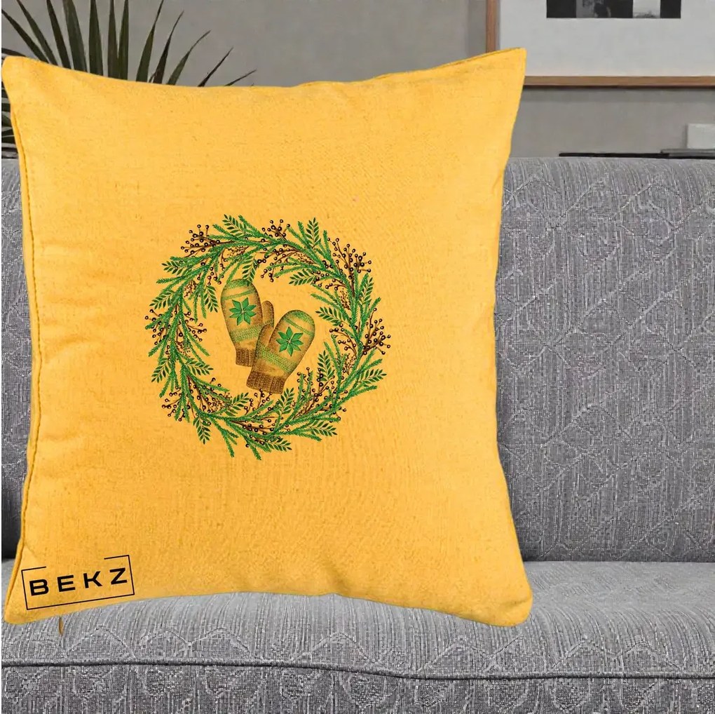 Perna Decorativa Coroana Turcoaz cu Manusi, 40x40 cm, Galben, Husa Detasabila, Perna Inclusa, BEKZ®