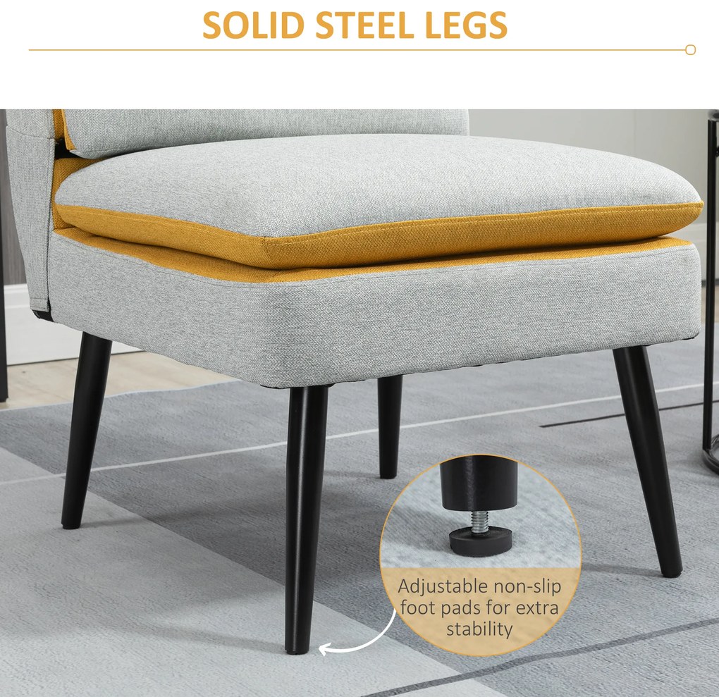 HOMCOM Fotoliu de design tapitat cu picioare de otel, fotoliu modern din material gri si galben, 58x75x85cm | AOSOM RO