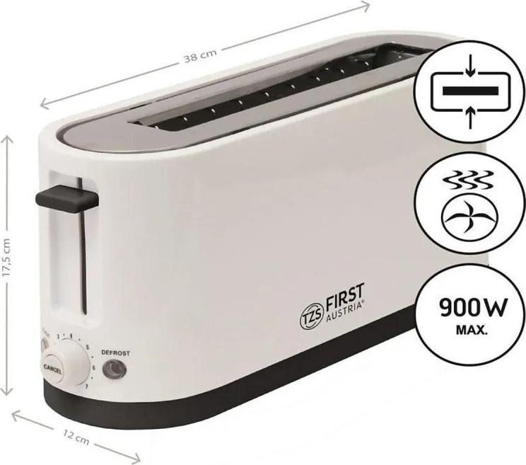 Prajitor de paine First Austria FA-5368-4, 900 W, Functie de decongelare, 38 cm, Alb