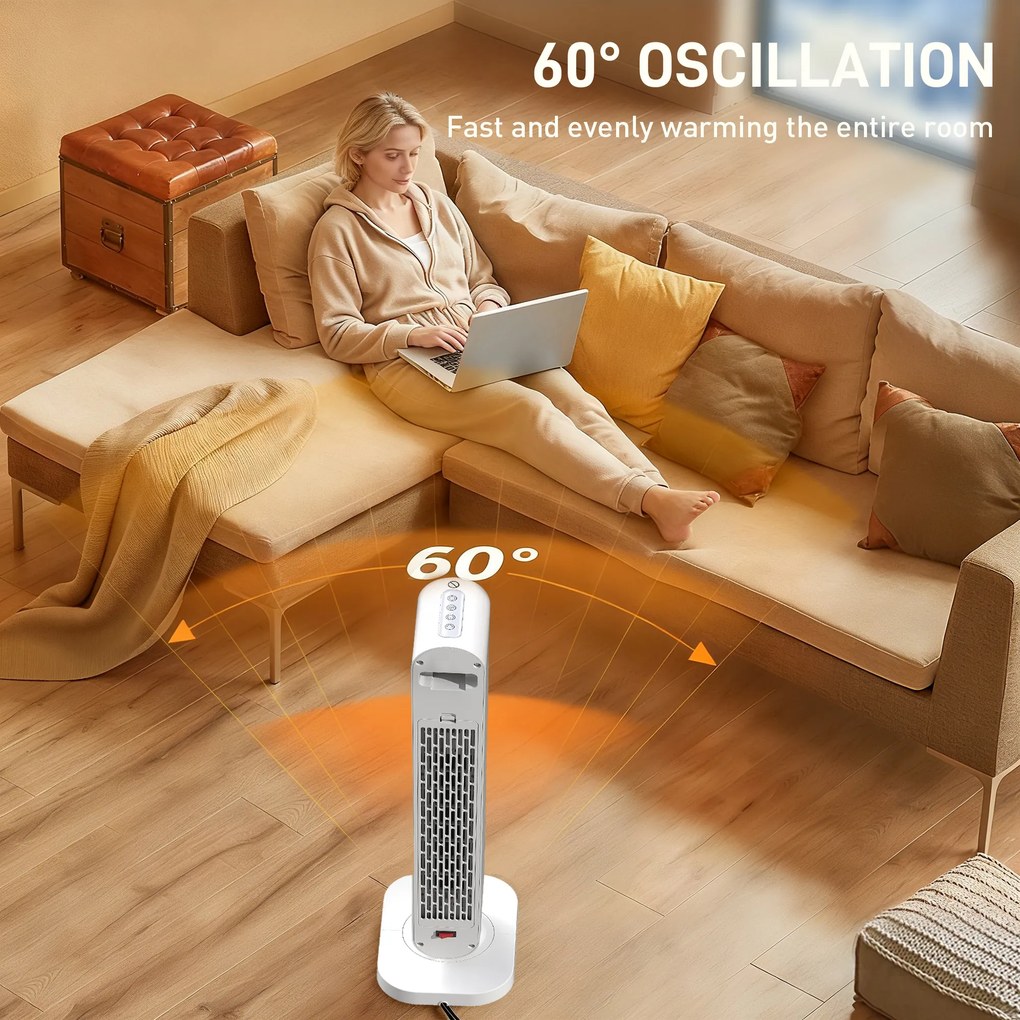 HOMCOM Încălzitor Electric cu Ventilator 2000W cu Telecomandă 30x22x82,5 cm, Alb | Aosom Romania