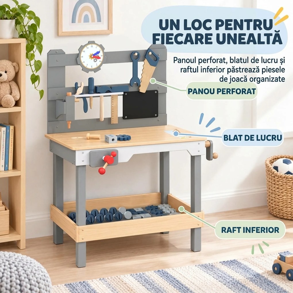 AIYAPLAY Banc de Lucru pentru Copii din Lemn, cu Set de Unelte 15 Piese, Ceas, Tablă și Poliță, 3-6 Ani, Gri | Aosom Romania