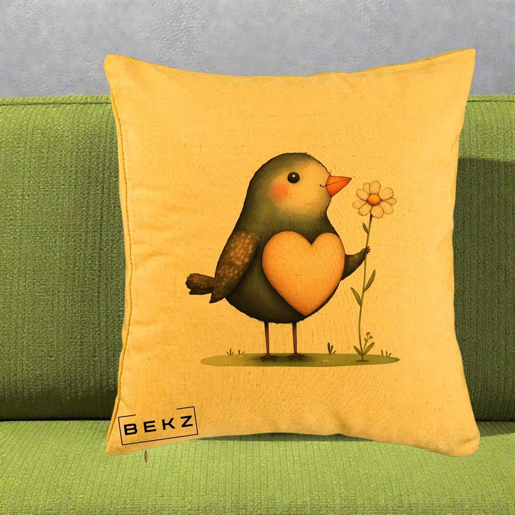Perna Decorativa Pasare cu Inima si Margareta, 40x40 cm, Galben, Husa Detasabila, Perna Inclusa, BEKZ®