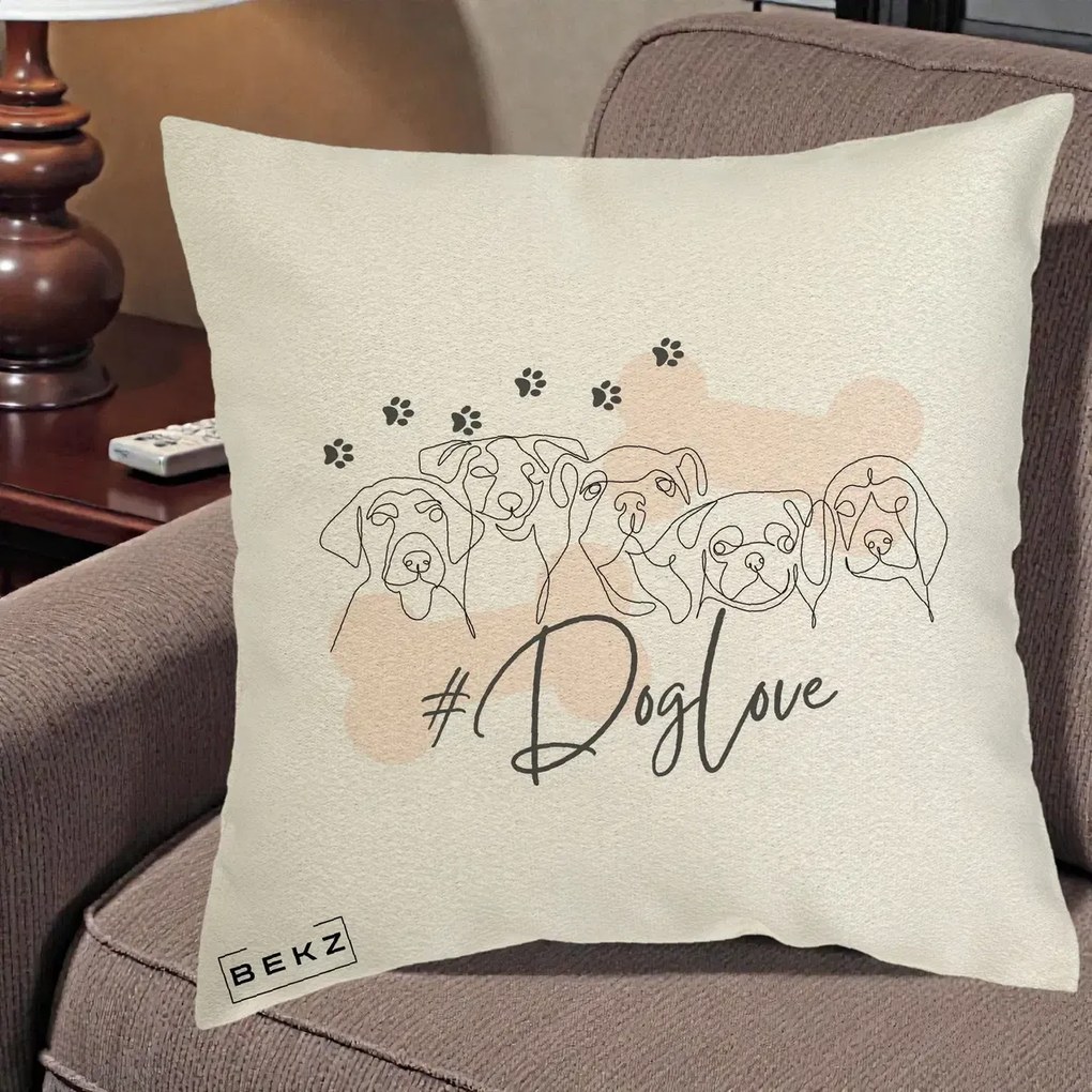 Perna Personalizata Dog Love Linie Minimalista, 40x40 cm, Ecru, Husa Detasabila, Perna Inclusa, BEKZ®