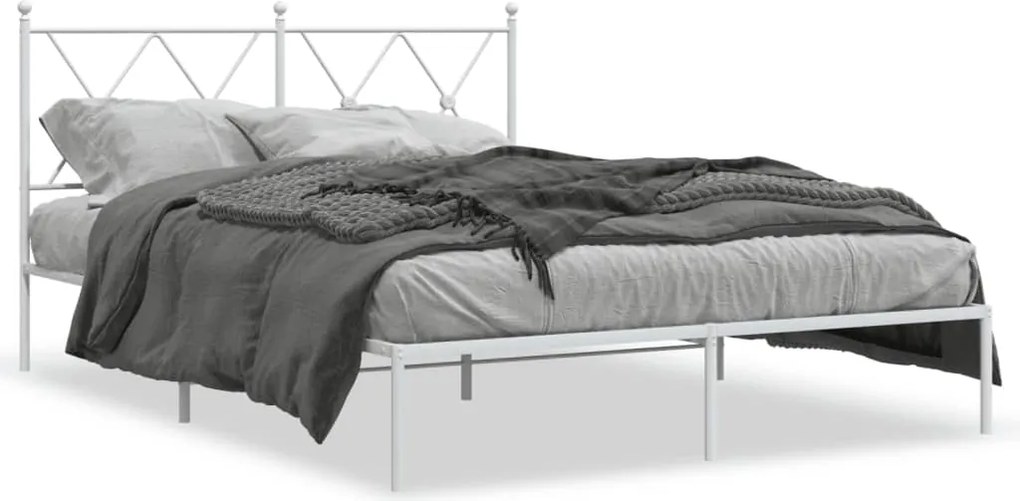 vidaXL Cadru de pat metalic cu tăblie, alb, 135x190 cm