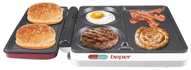 Gratar electric multifunctional Beper P101CUD500 4в1, 1000 W, 4 zone de gatit, Acoperire antiaderenta, Rosu