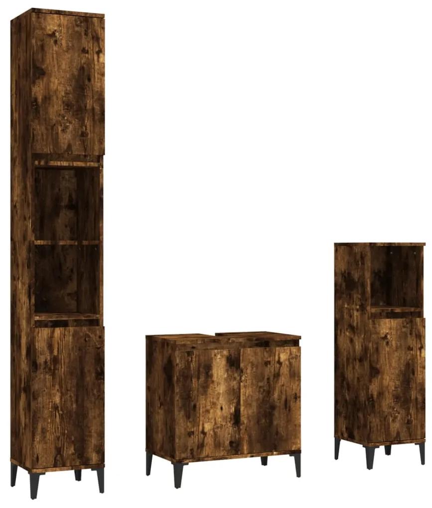 3185594 vidaXL Set mobilier de baie, 3 piese, stejar fumuriu, lemn prelucrat