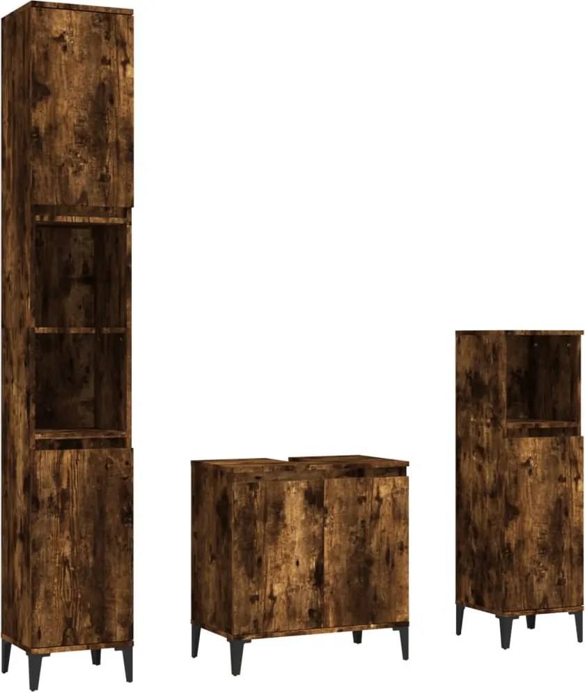 vidaXL Set mobilier de baie, 3 piese, stejar fumuriu, lemn prelucrat