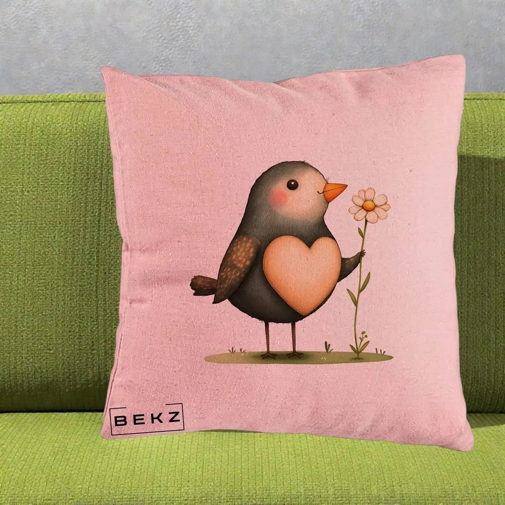 Perna Decorativa Pasare cu Inima si Margareta, 40x40 cm, Roz, Husa Detasabila, Perna Inclusa, BEKZ®