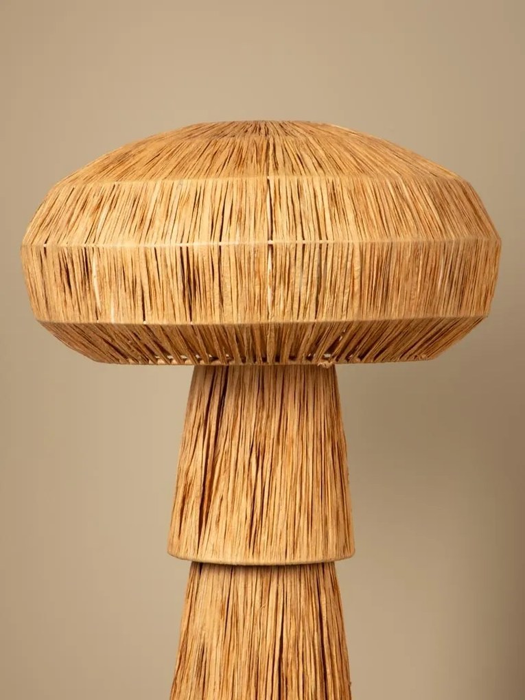 Lampă de masă din rafie naturală bej, cu structură din metal, formă de ciupercă, finisaj natural, 65×40 cm, „Mushroom"