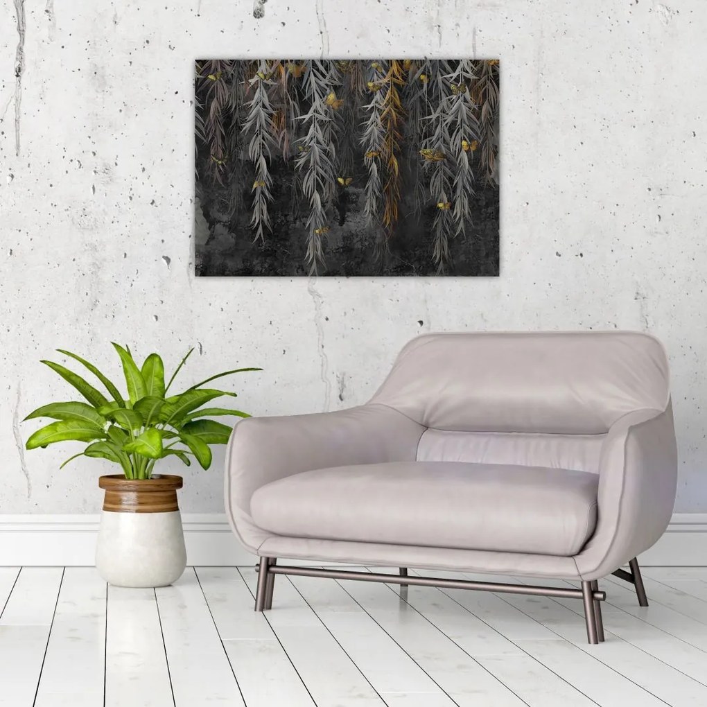 Tablou pe sticlă - Crenguțe de salcie, fundal negru (70x50 cm)